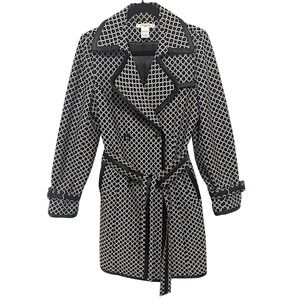 Vertigo Paris Trench Coat Black White Geo Satin Trim/ Belt/ Lined Women's L